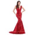 Grace Karin de moda de cuello en V profundo brillante rojo cequis vestido de noche CL6052-3 #